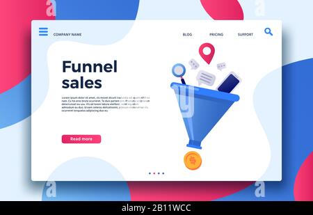 Trichterverkauf. Landing Page Business Marketing Sales Generation, Buyer Conversion und Money Profit Generations Vector Illustration Stock Vektor