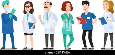 Ärzte. Arzt, Krankenschwester und Arzt mit Stethoskop. Medic Healthcare Workers Cartoon-Vektorzeichen gesetzt Stock Vektor
