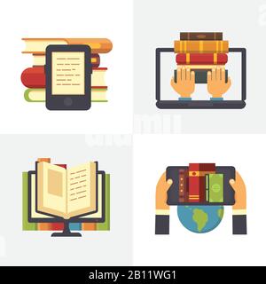 Flache Online-Bibliothek. Zugang zur Schulbibliothek am Laptop. Lehrbücher für wissenschaftliche Bildung und digitale Bücher speichern Vektorillustration Stock Vektor