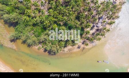 Luftaufnahme des ruhigen Flusses, der Boote und Kokospalmen entlang des Khao Lak Strandes in Thailand Stockfoto