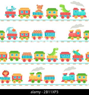 Kinder Spielzeug-Zugmuster. Eisenbahnspielzeuge für Kinder, Babyzüge auf Schienen und Kindereisenbahn nahtlose Vektorillustration Stock Vektor