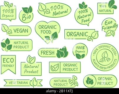 Etiketten für grüne Blätter. Umweltfreundliche, gesunde und natürliche Produkte. Zertifiziertes Qualitätskonzept für Vektor-Etiketten für frische organische vegetarische Speisen Stock Vektor