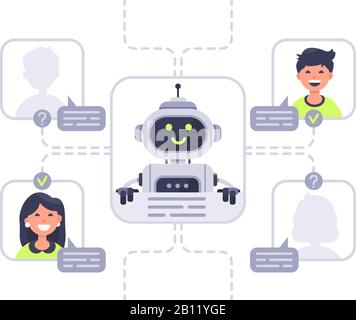 Mensch kommuniziert mit Chatbot. Virtueller Assistent, Support und Online-Hilfeunterhaltung mit Vektordarstellung des Chat-Bots Stock Vektor