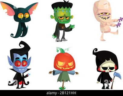 Satz von Halloween-Figuren. Vektor-Mama, Zombie, Vampir, Fledermaus, Todesgrimm-Reaper, Kürbiskopf. Ideal für Partydekoration oder Aufkleber Stock Vektor