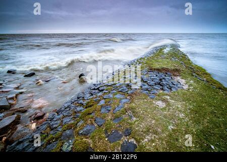 Typischer Wellenbrecher am IJsselmeer nahe der Stadt Hindeloopen in der Provinz Friesland in den Niederlanden Stockfoto