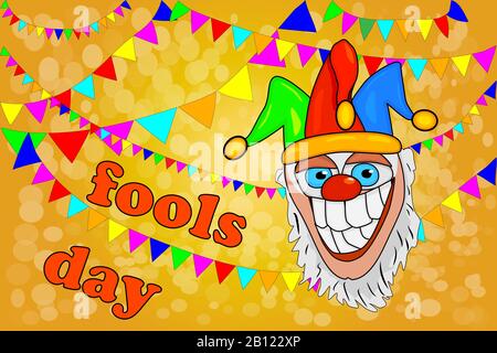 Designbanner für April Fools Day mit verrücktem Jester und Girlanden. Plakatvorlage für Feiertag der Witze, Zirkusschau. Karte von Red Nose Day.Stock Vector Stock Vektor