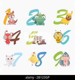 Satz lustiger Zahlen mit Zeichentricktieren. Stock Vektor