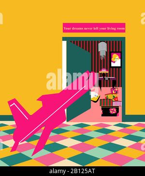 Abbildung eines Raumes mit einem Flugzeug, für die Idee, dass die Kindheitsträume nie den Raum mit bunten Spielzeugen und Geschenken verlassen haben Stockfoto