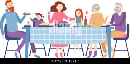 Die Familie sitzt am Esstisch. Die Menschen essen festliche Speisen, Weihnachtsreden und Familienabendessen-Wiedersehens-Vektor-Illustration Stock Vektor