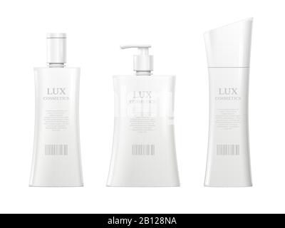 Realistische Kosmetikflaschen. Weiße 3D-Shampoo-Flasche, Spa-Maske und isoliertes Vektor-Set mit Seifengel für Duschmilch Stock Vektor