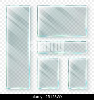 Transparente Glasbanner. 3D-Fensterglas oder Kunststoffbanner. Realistisches Vektorabbildungs-Set Stock Vektor