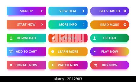 Schaltfläche Materialdesign. Moderne Farbverläufe, lebendige Farbschaltflächen mit Symbolen isolierter Vektorgrafik Stock Vektor
