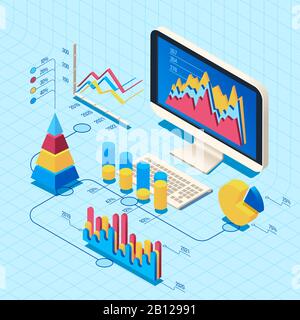 Isometrische Analyse der Finanzdaten. Marktpositionen-Konzept, Web-Business-Computerdiagramm 3D-Vektorgrafiken Stock Vektor