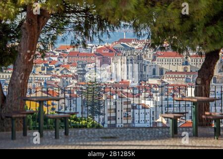 Von der kleinen Hochebene zwischen zwei Kiefernbäumen oberhalb von Jardim da Cerca in Graca aus kann man das Herz von Lissabon, Baixa und Bairro Alto sehen Stockfoto