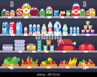 Lebensmittelprodukte im Regal. Supermarkt-Einkaufsregale, Schaufenster für Lebensmittel-Läden und ausgewählte verpackte Essensprodukte Verkaufsvektor Illustration Stock Vektor
