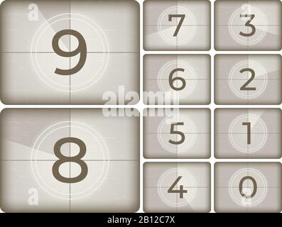 Countdown für das alte Kino. Intro-Counting für Vintage-Filme, Countdown für Videoprojektoren und isolierte Vektorgrafiken für Retro-Timer Stock Vektor