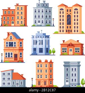 Wohnhausgebäude. Cottage beherbergt Außenanlagen, Eigentumswohnungen, Apartmentgebäude und moderne Cottages, Außenbereiche, flache Vektor-Set Stock Vektor