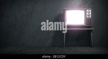 Alter Fernseher an schwarzer Grunge Betonwand. 3D-Abbildung Stockfoto