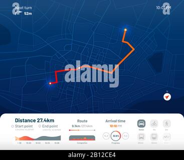 Dashboard weiterleiten. City Straßenkarte Navigation, Stadt Laufrouten und gps-Tracking-Karten App Flat-Vector-Illustration Stock Vektor