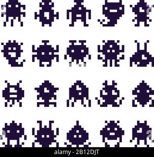 Pixel Art Invasoren Silhouette. Space Invader Monsterspiel, Pixelroboter und Retro Arcade-Spiele isolierte Vektorsymbole gesetzt Stock Vektor