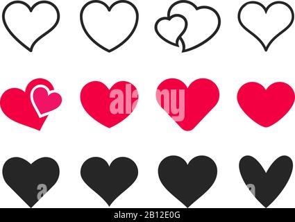 Symbol für das Herz der Liebe. Liebevolle Herzen, rote wie und schöne romantische Umrisse Vektorsymbole gesetzt Stock Vektor