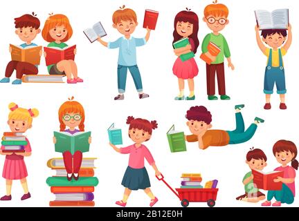 Kinder lesen Buch. Fröhliche Kinder lesen Bücher, Mädchen und Jungen lernen zusammen und junge Studenten isolierten Cartoon-Vektor-Illustration Stock Vektor