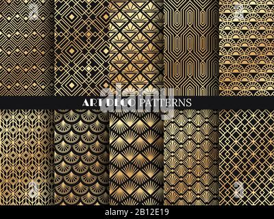 Art-Deco-Muster. Goldene Minimalismuslinien, klassische geometrische Künste und Deko-Linie verzierte nahtlose Muster Vektor-Satz Stock Vektor