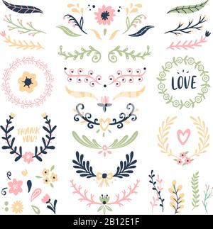 Blumen-Zierkranz. Retro-Blumenwirbel-Banner, Hochzeitskarten-Blumen garland Rahmen und Zierteiler isoliert Vektor-Set Stock Vektor