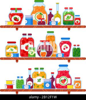 Konserven. Konservierte Erbsen, Mahlzeit in den Regalen des Ladens und konservierte Gemüse kulinarische Produkte isolierte Vektorillustration Stock Vektor