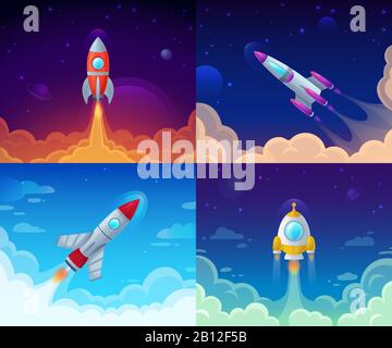 Raketenstart. Raumfahrt, Galaxienrockschiff und Unternehmensplan Erfolg Start Vektor Cartoon Konzept Illustration Stock Vektor