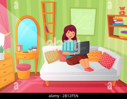 Studenten-Schlafzimmer für Mädchen. Teenager-Apartment-Zimmer, Online-Studie zu Hause und Frau Student Lesen auf Laptop Computer Cartoon-Illustration Stock Vektor