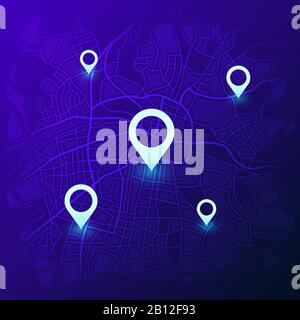 Stadtnavigationskarte. Futuristischer gps-Positionsnavigator, Fahrkarten mit Pins und Navigieren im Vektor-Konzept der Straßenlokation Stock Vektor