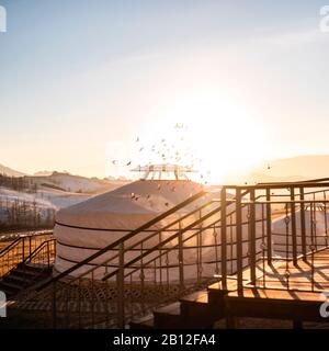 Viele Vögel Kreis Jurte bei Sonnenuntergang, mongolische Schweiz, Mongolei Stockfoto