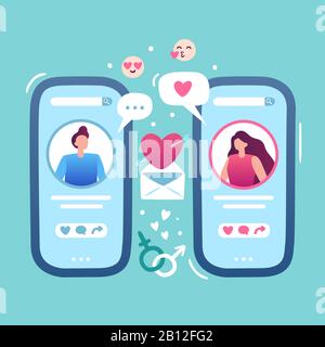 Romantisches Online-Datum. Internet Love Dating App, Frauen und Männer halten Smartphone und Beziehungen Paar gleichen Website-Vektor-Illustration Stock Vektor