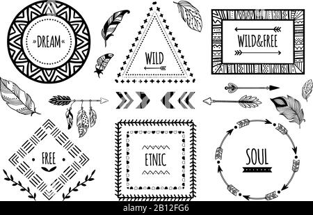 Tribal-Frames. Indianisch-indianische ethnische Rahmen, bohämische aztekische Tätowierung oder Tribals Mode Grenzen isolierte Vektorillustration Stock Vektor