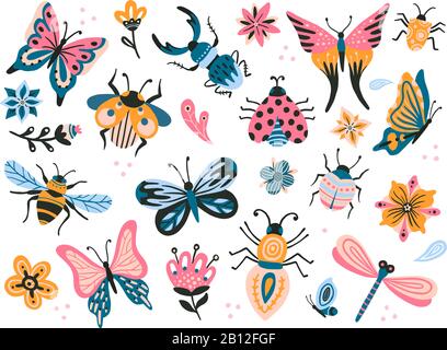 Süße Wanzen. Kinder ziehen Insekten, fliegende Schmetterlinge und Babyfalter. BlumenSchmetterling, Fliegeninsekt und Käferflacher Vektorsatz Stock Vektor