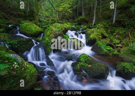 Oberlauf des Triberger Wasserfälle in der Blauen Stunde, Triberg, Schwarzwald, Baden Württemberg, Deutschland Stockfoto