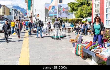 Ushuaia/Argentinien - 23. Januar 2020: Menschen, die Waren auf einem Straßenmarkt in Ushuaia Argentinien verkaufen. Stockfoto