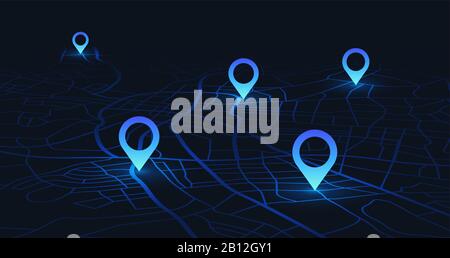 GPS-Tracking-Karte. Verfolgen Sie die Navigationsstifte auf Straßenkarten, navigieren Sie durch die Kartentechnologie, und suchen Sie die Vektorgrafiken der Positionsstiften Stock Vektor