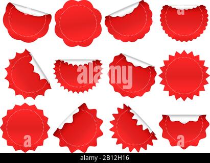 Starrsticker. Die Burst-Taste des Einkaufsstars, die roten Aufkleber und Starburst-Formen funken isolierte Vektorrahmen Stock Vektor