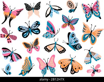 Handgezeichneter Schmetterling. Blumenschmetterlinge, Mottenflügler und Frühlingsbunt fliegende Insekten isolierte Vektorsammlung Stock Vektor
