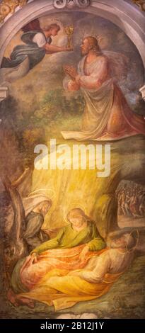 BOLOGNA, ITALIEN - 17. MÄRZ 2014: Fresko des Gebets Jesu im Gethsemane Garten in der Barockkirche San Michele in Bosco von Bartolomeo Ramenghi Stockfoto