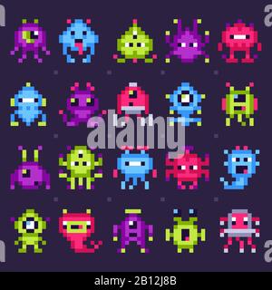 Pixel Space Monsters. Arcade-Videospiele Roboter, Retro Game Invasoren Pixel Art isoliertes Vektorset Stock Vektor