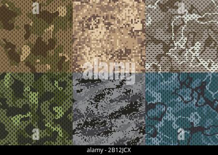 Khakifarbene Textur tarnen. Army Fabric nahtlose Struktur und Sand Camo Netzmuster Vektor-Texturen gesetzt Stock Vektor
