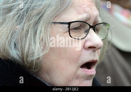 London, Großbritannien, 22. Februar 2020 Lindsey Ann German[1] (geboren 1951)[2] ist eine britische linke politische Aktivistin. Als Gründungsmitglied und Einberufungsmitglied der britischen Antikriegsorganisation Stop the war Coalition war sie früher Mitglied der Socialist Workers Party und saß in deren Zentralausschuss und Herausgeber ihrer Zeitschrift Socialist Review. Kundgebung gegen die Auslieferung von Julian Assange auf dem Parlamentsplatz. Kredit: Johnny ARMSTEAD/Alamy Live News Stockfoto