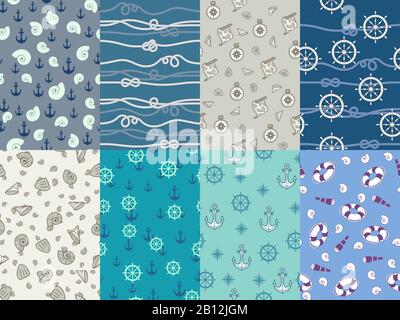 Meeresmuster. Marineblauer Anker, blaue Meerestextur und Seesautischer Kompass, nahtloser Mustervektor Stock Vektor