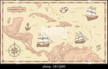 Alte karibische Meerkarte. Uralte Piratenrouten, Fantasy-Seepiraten-Schiffe und alte Piratenkarten Vektorkonzept Illustration Stock Vektor