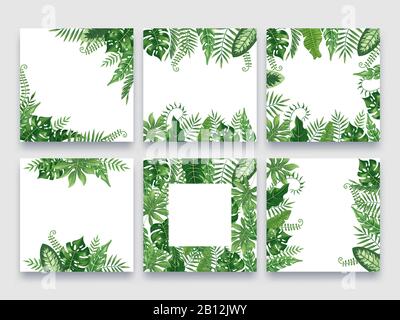 Exotische Blätter Rahmen. Tropischer Blattrand, Natur Sommer-Rahmen und luxuriöse Palmblätter Grenzen Vektor-Design Hintergrund Set Stock Vektor