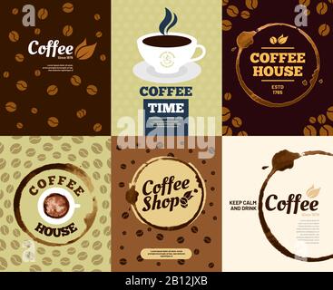 Kaffeeplakate. Café Fleckplakat oder spritzwasserbefleckte Kaffeekarte. Retro-Vektor-Illustrationssatz Stock Vektor