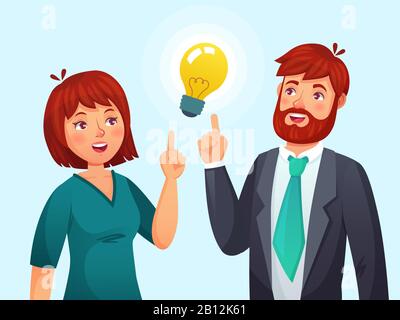 Paare haben Idee. Mann und Frau haben Lösung, Erwachsene Männer und Frauen gelöst Problem oder Ideen Lampe Cartoon Vektor Illustration Stock Vektor